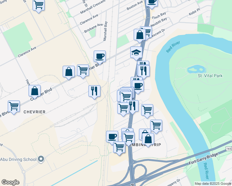 map of restaurants, bars, coffee shops, grocery stores, and more near 1689 Pembina Highway in Winnipeg