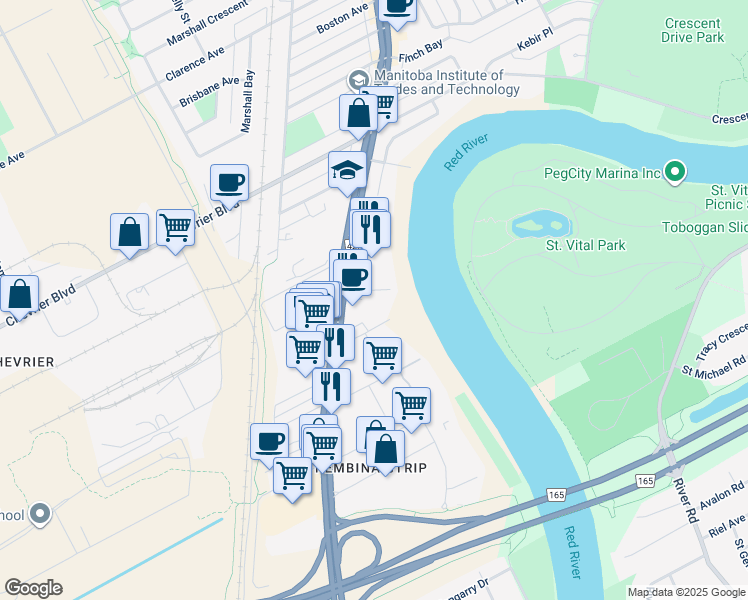 map of restaurants, bars, coffee shops, grocery stores, and more near 1750 Pembina Highway in Winnipeg