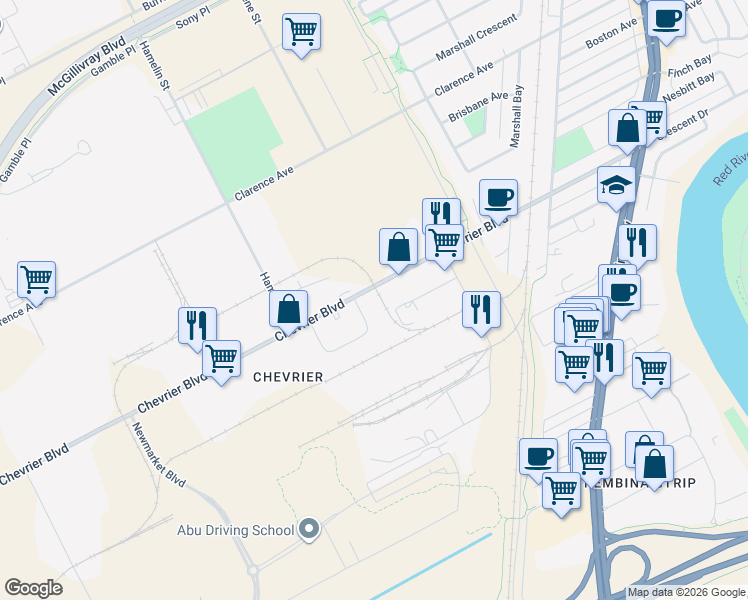 map of restaurants, bars, coffee shops, grocery stores, and more near 1308 Chevrier Boulevard in Winnipeg
