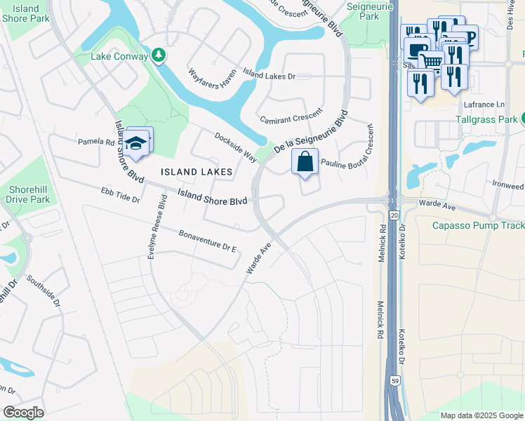 map of restaurants, bars, coffee shops, grocery stores, and more near 30 De la Seigneurie Boulevard in Winnipeg
