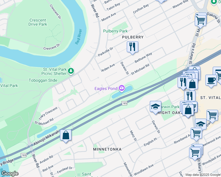 map of restaurants, bars, coffee shops, grocery stores, and more near 136 Saint Michael Road in Winnipeg