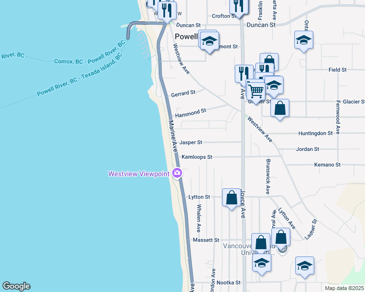 map of restaurants, bars, coffee shops, grocery stores, and more near 6870 Jasper Street in Powell River