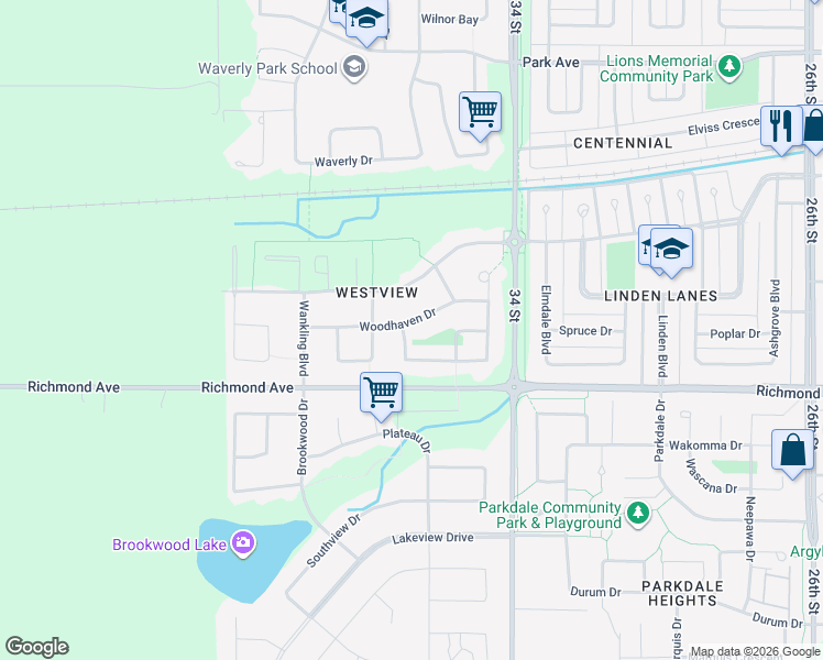 map of restaurants, bars, coffee shops, grocery stores, and more near 26 Woodhaven Drive in Brandon