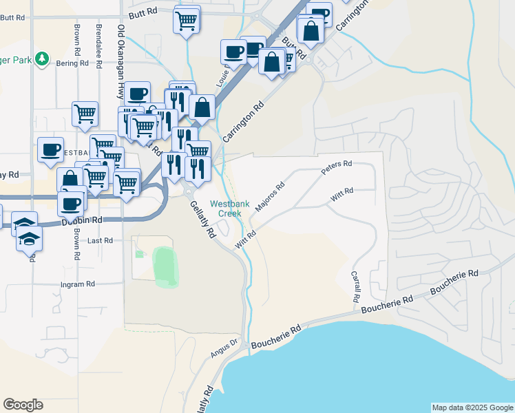 map of restaurants, bars, coffee shops, grocery stores, and more near 2249 Majoros Road in West Kelowna
