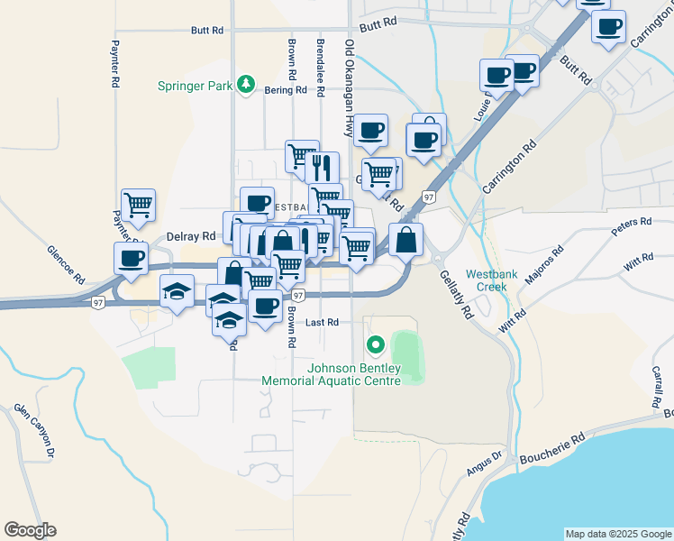 map of restaurants, bars, coffee shops, grocery stores, and more near 2405 Main Street in West Kelowna