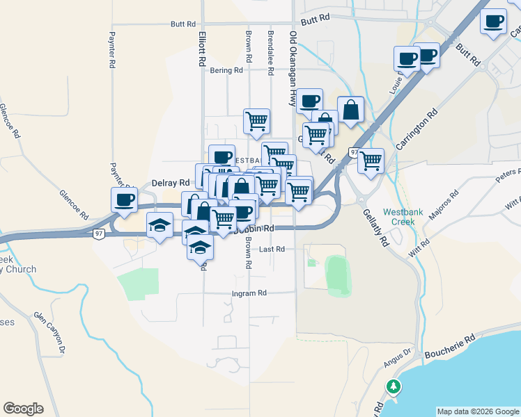 map of restaurants, bars, coffee shops, grocery stores, and more near 2437 C Main Street in West Kelowna