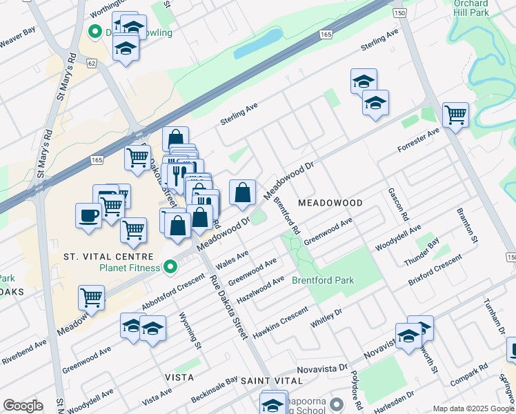 map of restaurants, bars, coffee shops, grocery stores, and more near Meadowood Drive in Winnipeg