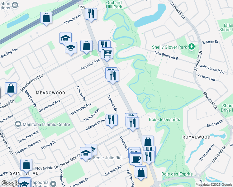 map of restaurants, bars, coffee shops, grocery stores, and more near 540 Woodydell Avenue in Winnipeg