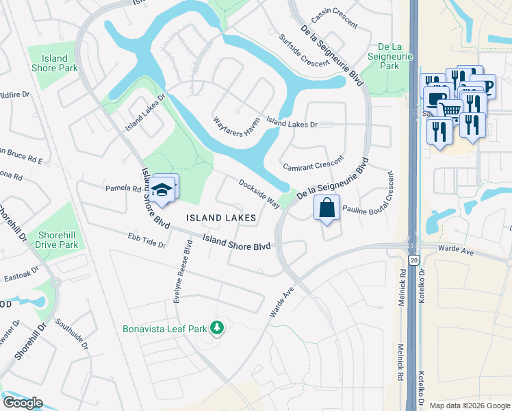 map of restaurants, bars, coffee shops, grocery stores, and more near 14 Georges Druwe Crescent in Winnipeg