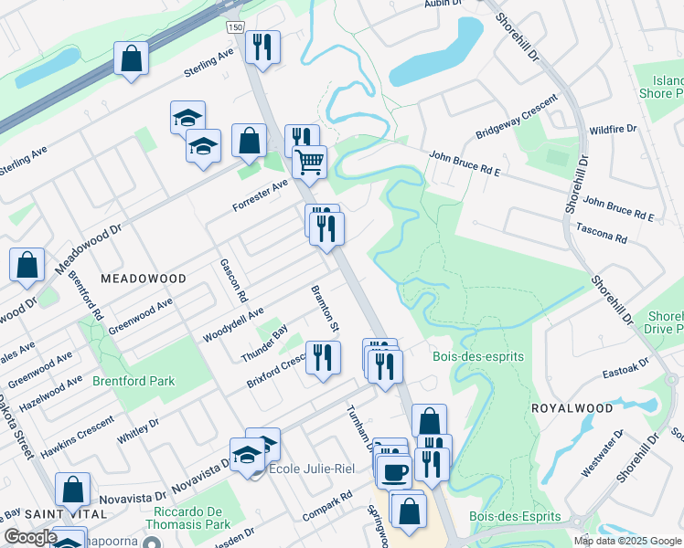 map of restaurants, bars, coffee shops, grocery stores, and more near 540 Woodydell Avenue in Winnipeg