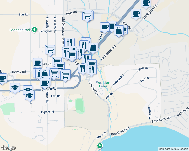 map of restaurants, bars, coffee shops, grocery stores, and more near 260-2300 Carrington Road in West Kelowna