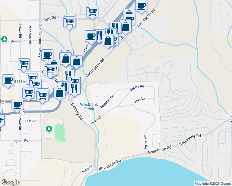 map of restaurants, bars, coffee shops, grocery stores, and more near 2200 Majoros Road in West Kelowna