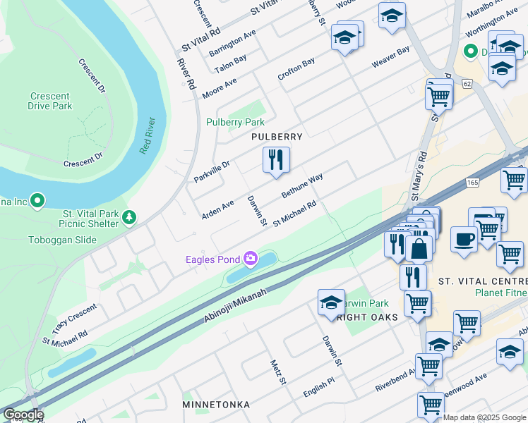 map of restaurants, bars, coffee shops, grocery stores, and more near 25 Darwin Street in Winnipeg