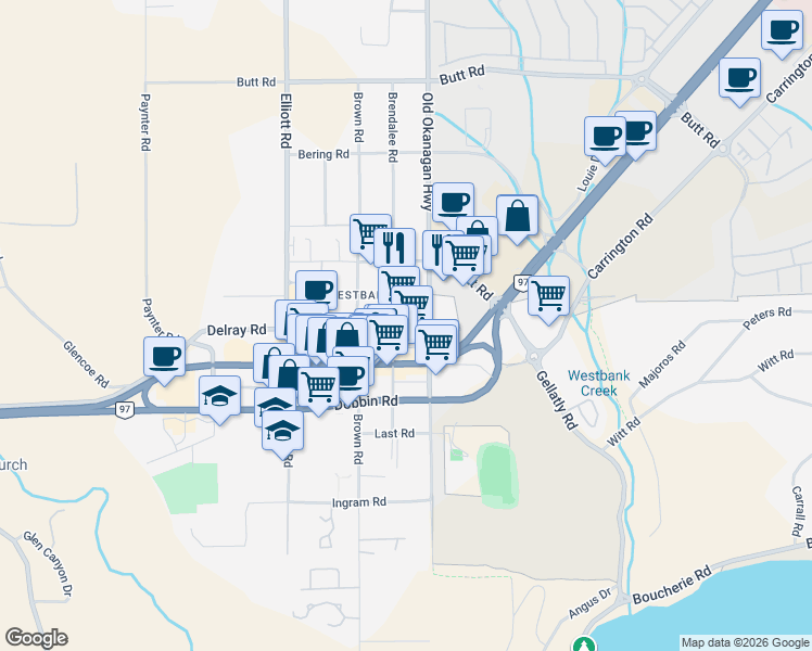 map of restaurants, bars, coffee shops, grocery stores, and more near 2405 Main Street in West Kelowna