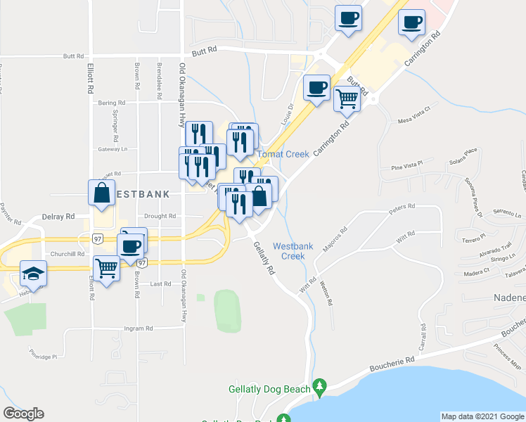 map of restaurants, bars, coffee shops, grocery stores, and more near 260-2300 Carrington Road in West Kelowna
