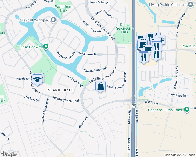 map of restaurants, bars, coffee shops, grocery stores, and more near De la Seigneurie Boulevard in Winnipeg