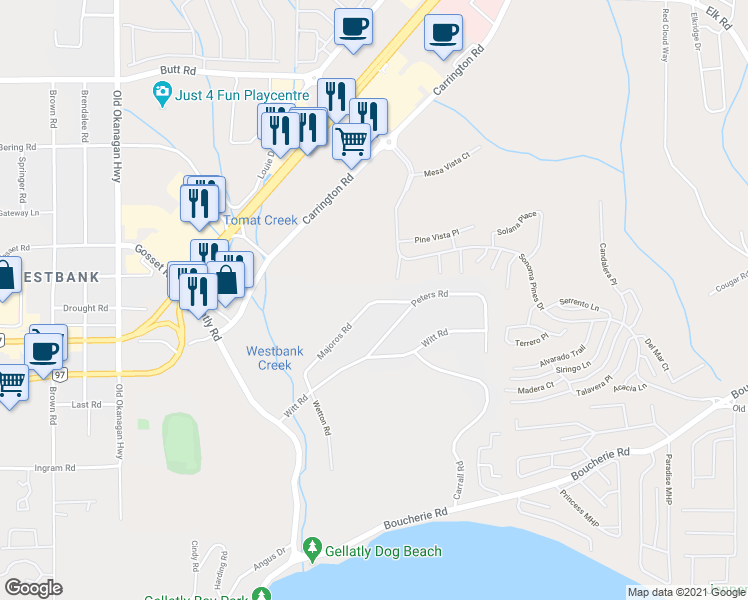 map of restaurants, bars, coffee shops, grocery stores, and more near 2249 Majoros Rd in West Kelowna