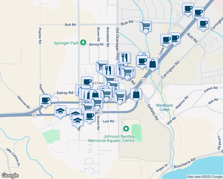 map of restaurants, bars, coffee shops, grocery stores, and more near 2418 Drought Road in West Kelowna
