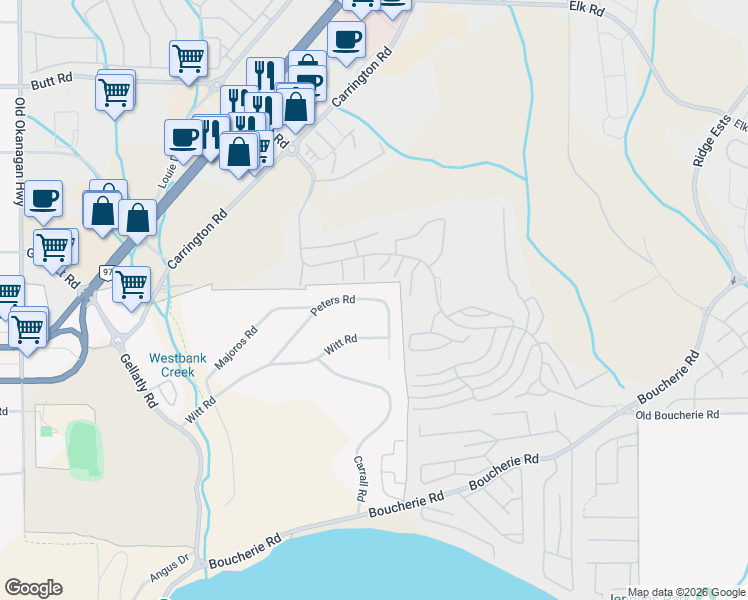 map of restaurants, bars, coffee shops, grocery stores, and more near 2144 Peters Road in West Kelowna