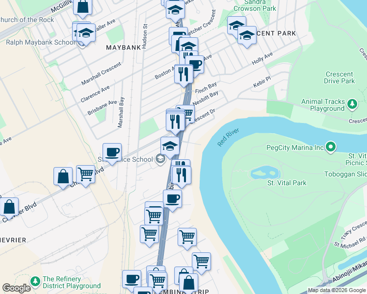 map of restaurants, bars, coffee shops, grocery stores, and more near 1616 Pembina Highway in Winnipeg