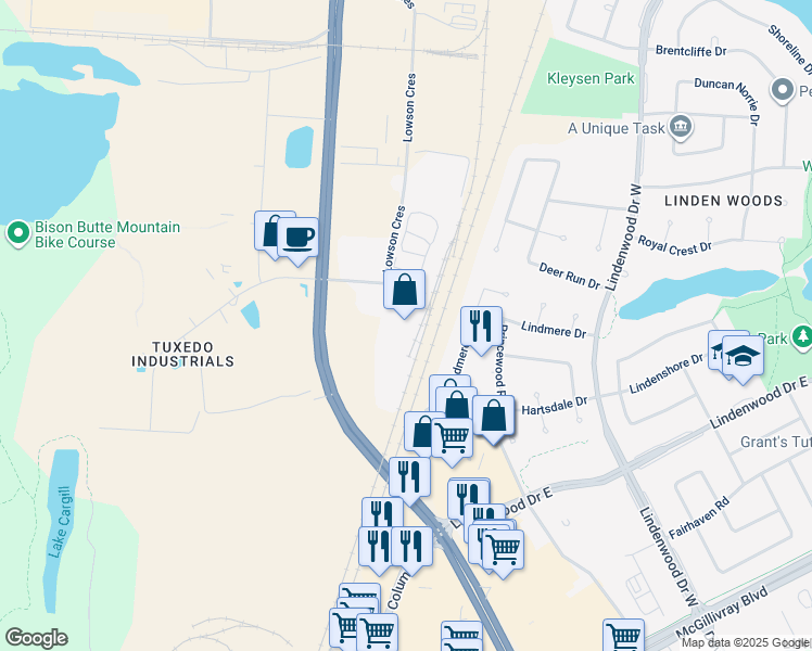 map of restaurants, bars, coffee shops, grocery stores, and more near 55 Rothwell Road in Winnipeg