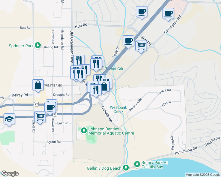 map of restaurants, bars, coffee shops, grocery stores, and more near 2086 Carrington Road in Central Okanagan