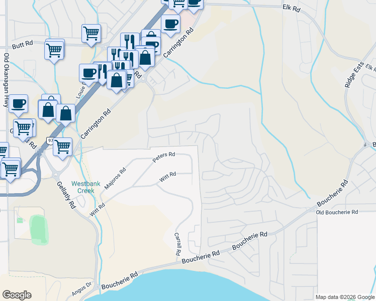 map of restaurants, bars, coffee shops, grocery stores, and more near 2144 Peters Road in West Kelowna
