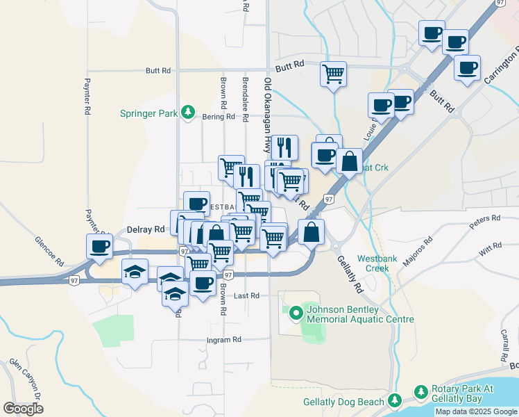 map of restaurants, bars, coffee shops, grocery stores, and more near 2424 Apollo Road in West Kelowna