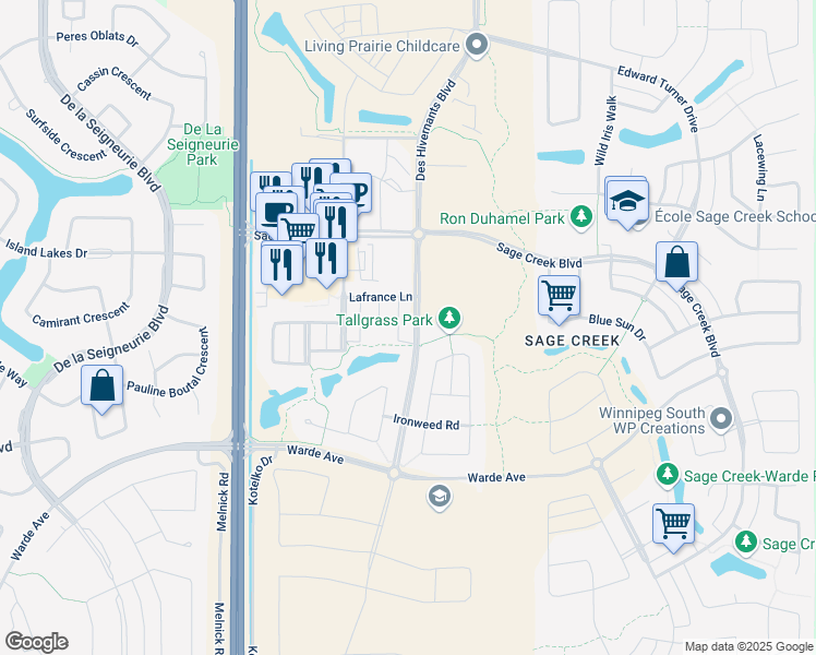 map of restaurants, bars, coffee shops, grocery stores, and more near 72 Des Hivernants Boulevard in Winnipeg