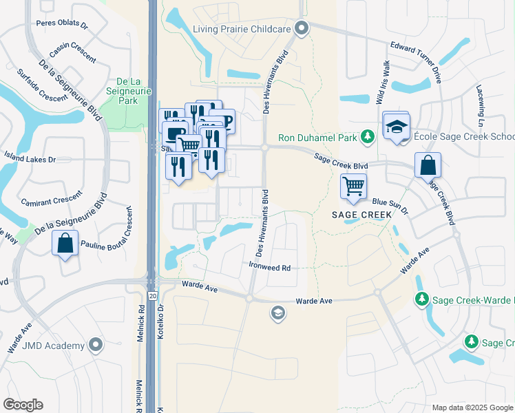 map of restaurants, bars, coffee shops, grocery stores, and more near 72 Des Hivernants Boulevard in Winnipeg
