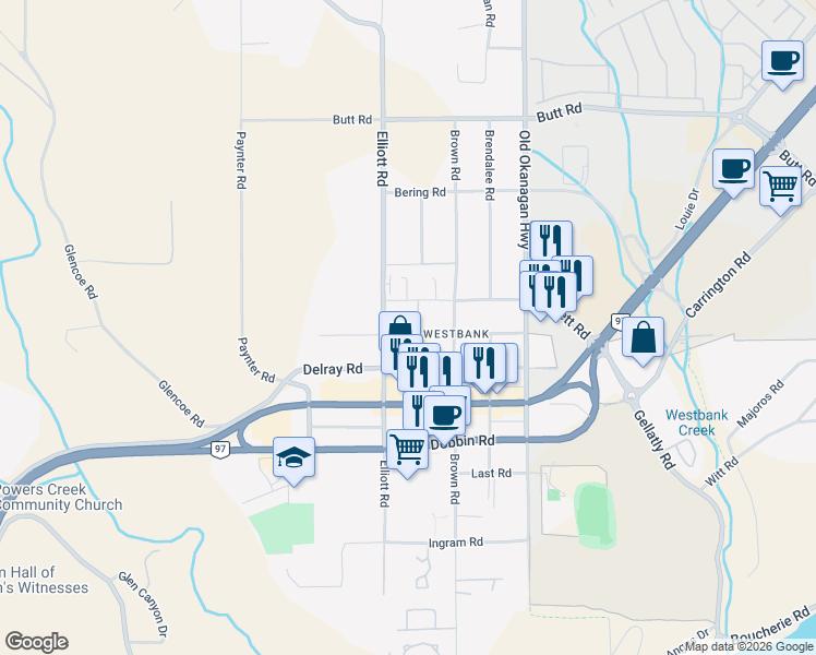 map of restaurants, bars, coffee shops, grocery stores, and more near 3651 Elliott Road in West Kelowna