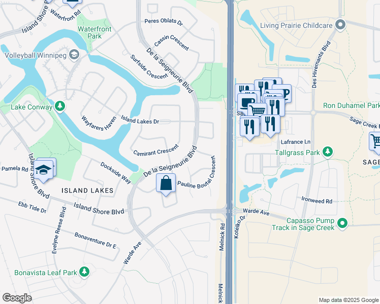 map of restaurants, bars, coffee shops, grocery stores, and more near 288 De La Seigneurie Blvd in Winnipeg