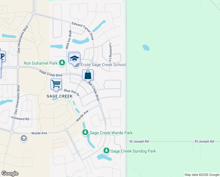 map of restaurants, bars, coffee shops, grocery stores, and more near Baptiste Tourond Road in Winnipeg