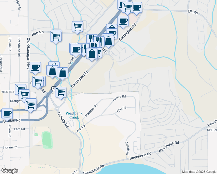 map of restaurants, bars, coffee shops, grocery stores, and more near 3801 Sonoma Pines Drive in West Kelowna