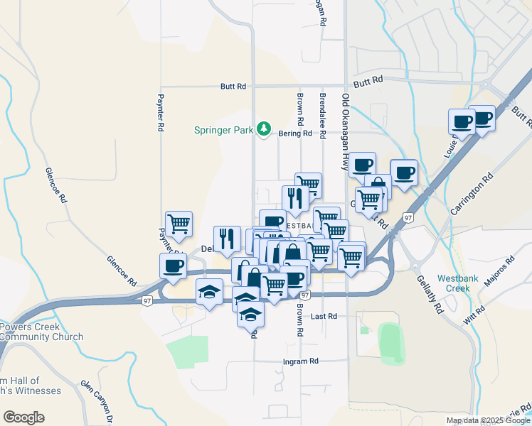 map of restaurants, bars, coffee shops, grocery stores, and more near 3641 Elliott Road in West Kelowna
