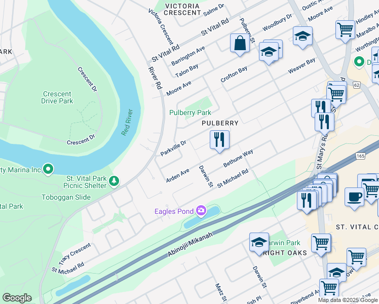 map of restaurants, bars, coffee shops, grocery stores, and more near 248 Parkville Bay in Winnipeg