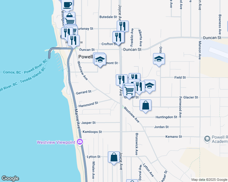 map of restaurants, bars, coffee shops, grocery stores, and more near 4300 A Scotia Place in Powell River