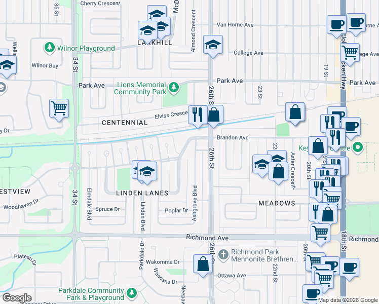map of restaurants, bars, coffee shops, grocery stores, and more near 8 Willowdale Crescent in Brandon