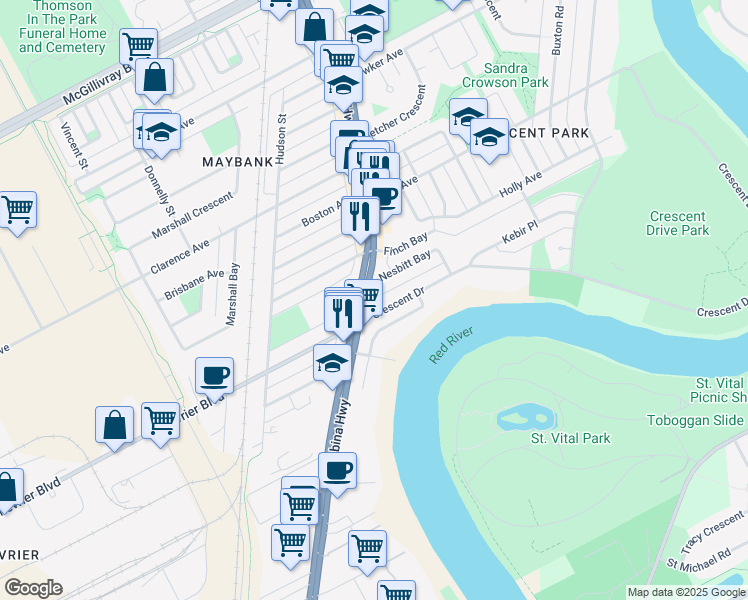map of restaurants, bars, coffee shops, grocery stores, and more near 1566 Pembina Highway in Winnipeg