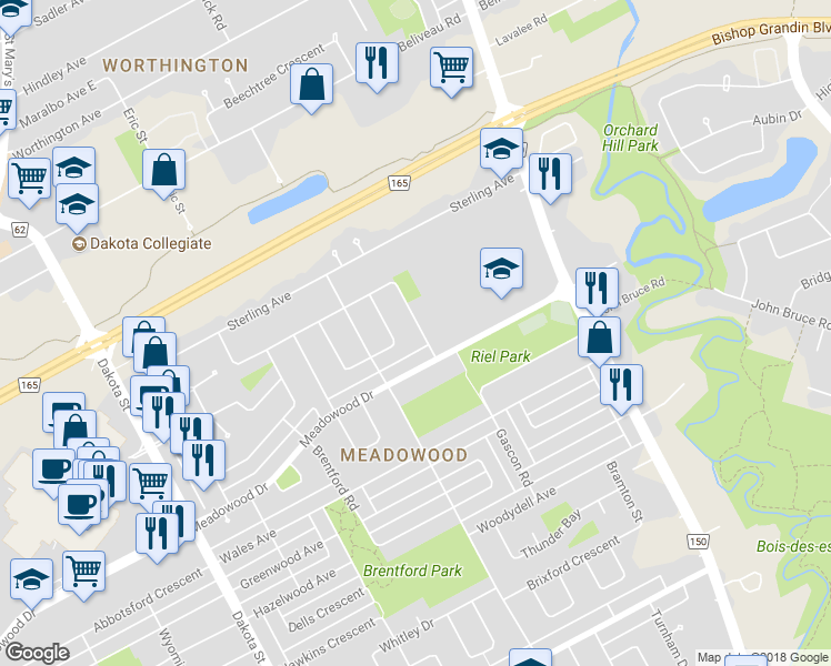 map of restaurants, bars, coffee shops, grocery stores, and more near 26 Knightsbridge Drive in Winnipeg