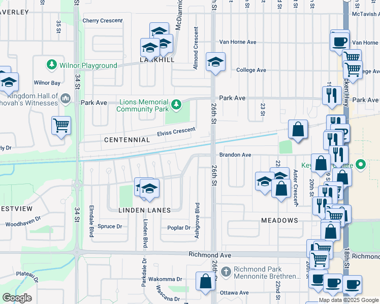 map of restaurants, bars, coffee shops, grocery stores, and more near 13 Willowdale Crescent in Brandon