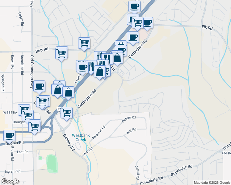 map of restaurants, bars, coffee shops, grocery stores, and more near 3601 Sonoma Pines Drive in West Kelowna