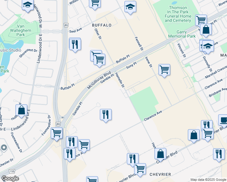 map of restaurants, bars, coffee shops, grocery stores, and more near 1330 Hamelin Street in Winnipeg