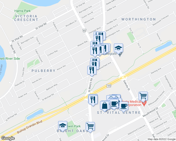 map of restaurants, bars, coffee shops, grocery stores, and more near 1127 Route 52 in Winnipeg