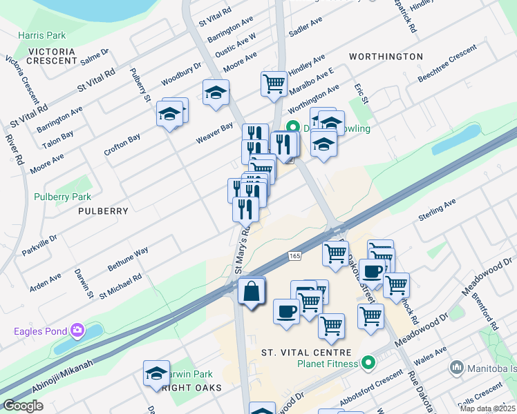 map of restaurants, bars, coffee shops, grocery stores, and more near 1127 Route 52 in Winnipeg