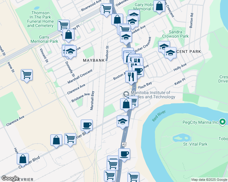 map of restaurants, bars, coffee shops, grocery stores, and more near 1042 Royse Avenue in Winnipeg