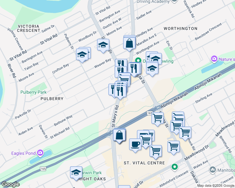 map of restaurants, bars, coffee shops, grocery stores, and more near 1114 Saint Mary's Road in Winnipeg