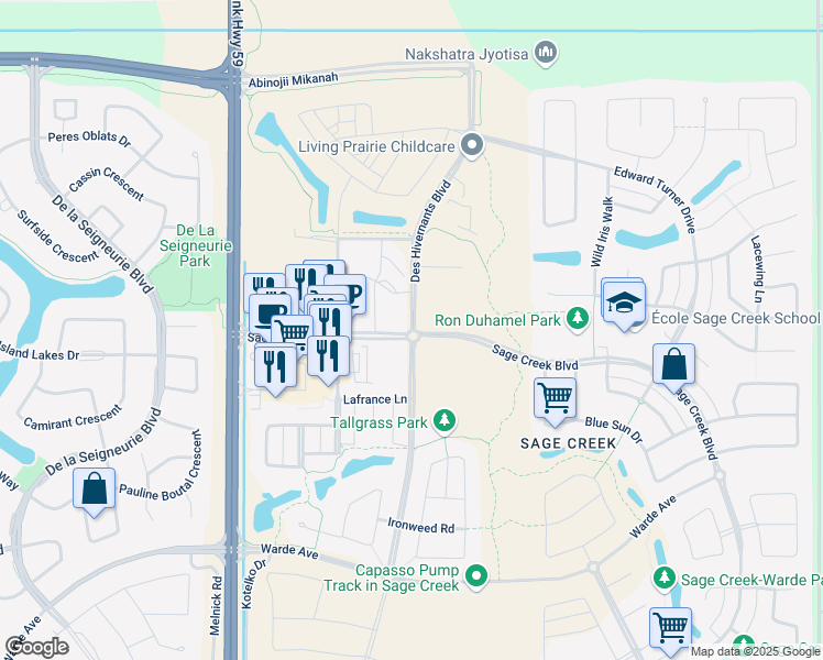 map of restaurants, bars, coffee shops, grocery stores, and more near 40 Des Hivernants Boulevard North in Winnipeg