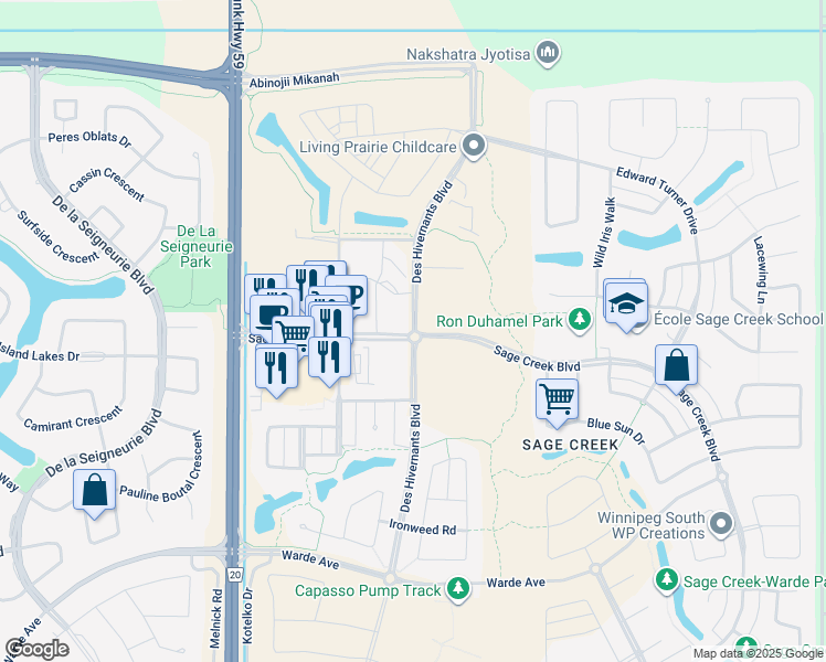 map of restaurants, bars, coffee shops, grocery stores, and more near 40 Des Hivernants Boulevard North in Winnipeg