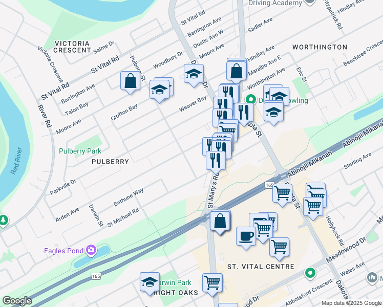 map of restaurants, bars, coffee shops, grocery stores, and more near 32 Arden Avenue in Winnipeg